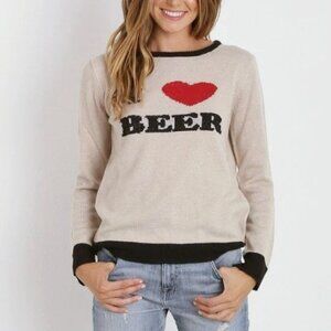 For Love & Lemons Knitz Anthropologie I Love Beer Crewneck Sweater Angora Bl